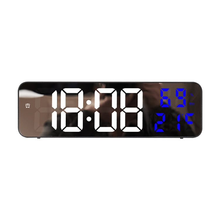 671  Mirror Screen Digital LED Alarm Clock USB Plug-in/Battery Dual-use With Temperature/Humidity Display(Black Shell White Blue)