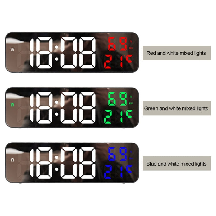 671  Mirror Screen Digital LED Alarm Clock USB Plug-in/Battery Dual-use With Temperature/Humidity Display(Black Shell White Red)