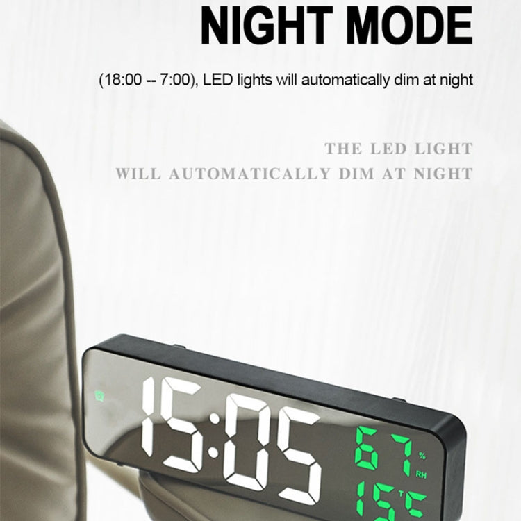 671  Mirror Screen Digital LED Alarm Clock USB Plug-in/Battery Dual-use With Temperature/Humidity Display(Black Shell White Green)