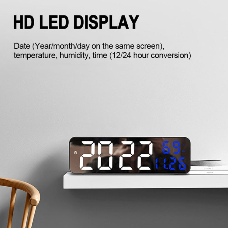 671  Mirror Screen Digital LED Alarm Clock USB Plug-in/Battery Dual-use With Temperature/Humidity Display(Black Shell White Blue)