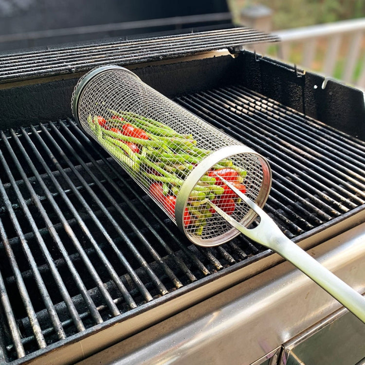 Outdoor Stainless Steel Barbecue Cage BBQ Round Mesh Tube 30cm With Hook