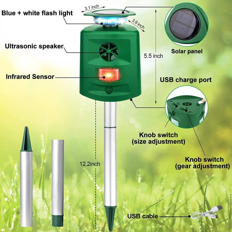 SK698 Solar Powered Animal Repeller 360 Degree Strobe Light Bird Repeller Ultrasonic Rat Repeller(Green)