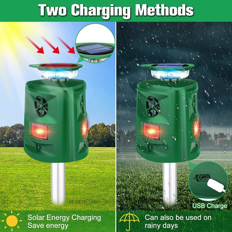 SK698 Solar Powered Animal Repeller 360 Degree Strobe Light Bird Repeller Ultrasonic Rat Repeller(Green)