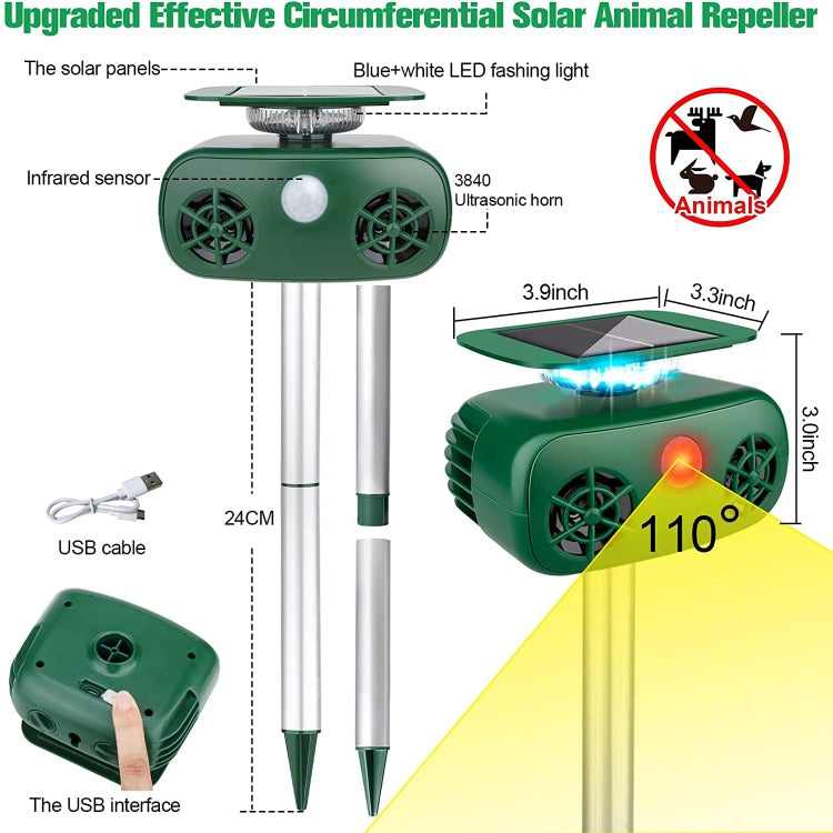 SK628 Solar Powered Animal Repeller 360 Degree Strobe Light Bird Repeller Ultrasonic Rat Repeller(Green)