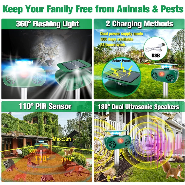 SK628 Solar Powered Animal Repeller 360 Degree Strobe Light Bird Repeller Ultrasonic Rat Repeller(Green)