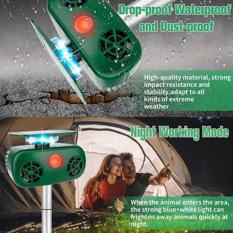 SK628 Solar Powered Animal Repeller 360 Degree Strobe Light Bird Repeller Ultrasonic Rat Repeller(Green)
