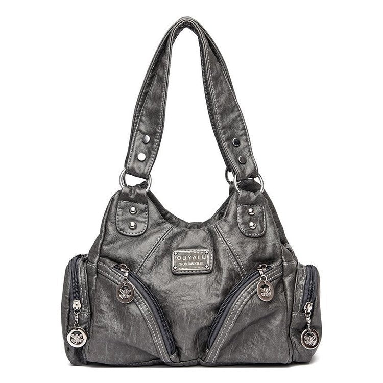 Retro Soft Leather Motorcycle Bag Women Diagonal Shoulder Bag(Grey)