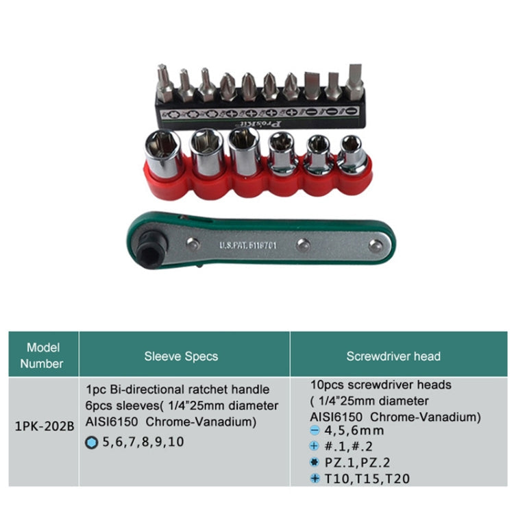 ProsKit 1PK-202A 16 In 1 Socket Driver Head Ratchet Wrench Set