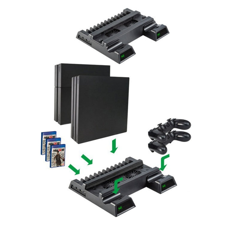 For PS4 / PS4 Slim / PS4 Pro Cooling Fan Stand Console Vertical Stand Cooler with Dual Controller Charger(Black)