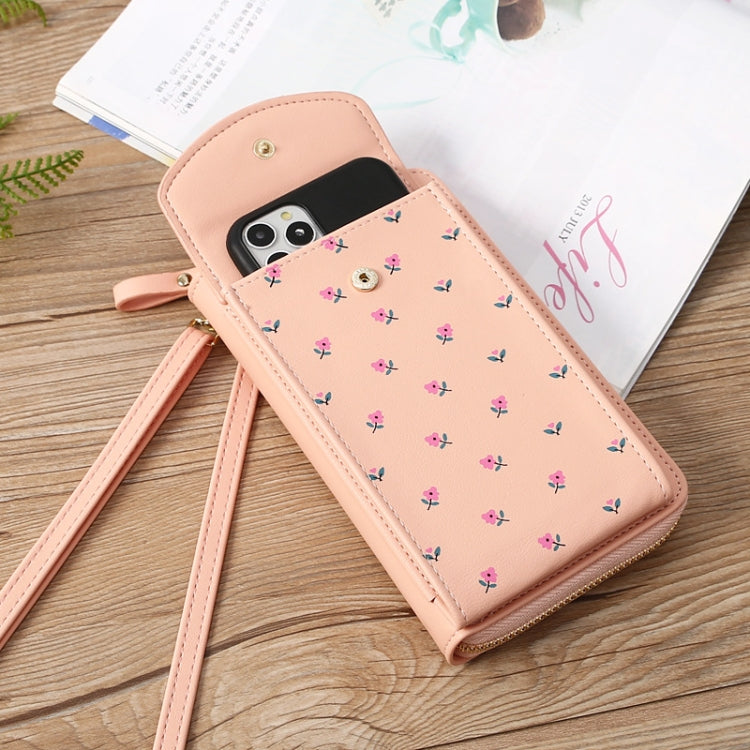 Printed Phone Bag Floral Woman Multifunctional Crossbody Bag Multi Card Shoulder Bag(Light Pink)
