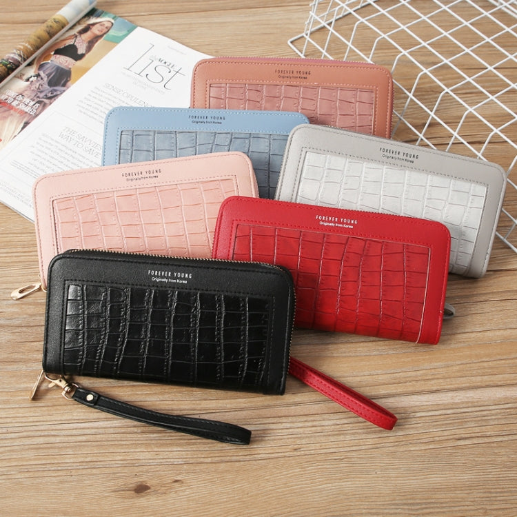 Single Zipper Ladies Wallet Long Wallet Crocodile Coin Purse Student Clutch(Pink)