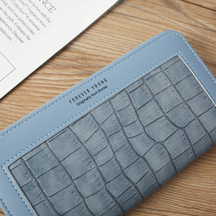 Single Zipper Ladies Wallet Long Wallet Crocodile Coin Purse Student Clutch(Blue)