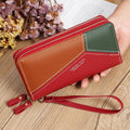 Double Zipper Lady Long Purse Splicing Coin Phone Bag(Red)