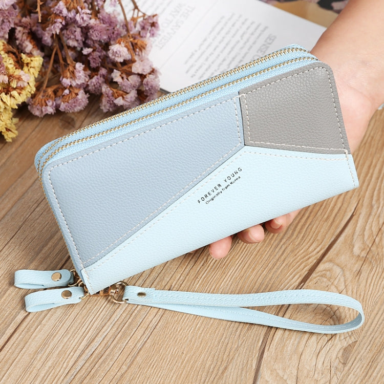 Double Zipper Lady Long Purse Splicing Coin Phone Bag(Blue)