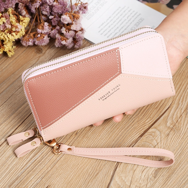 Double Zipper Lady Long Purse Splicing Coin Phone Bag(Pink)