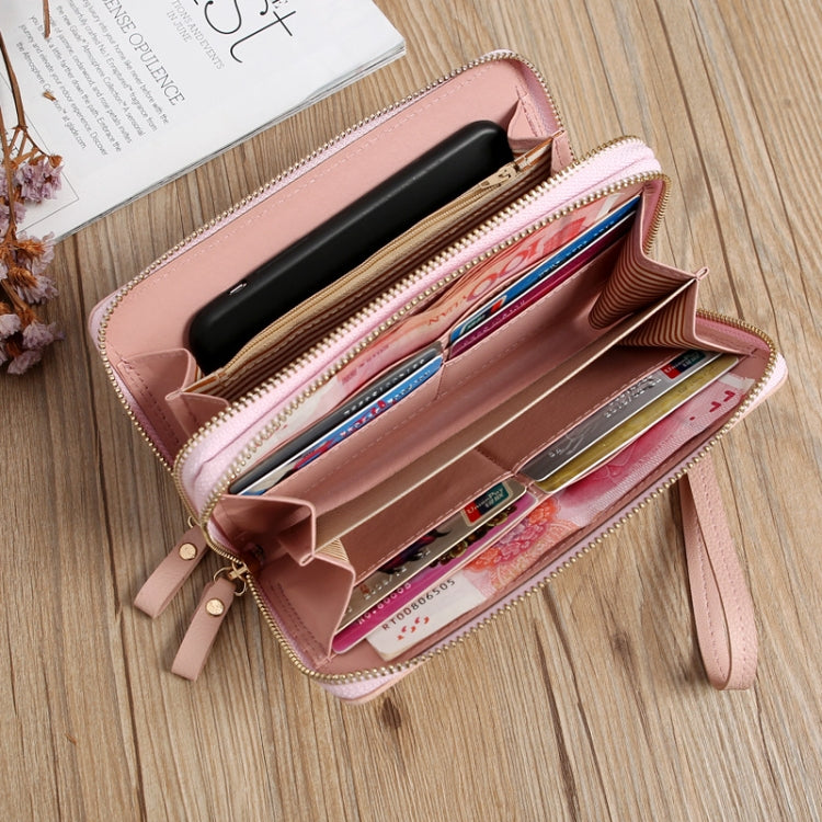 Double Zipper Lady Long Purse Splicing Coin Phone Bag(Pink)