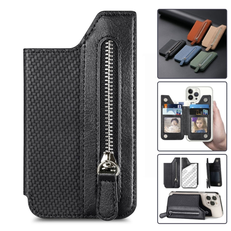 Phone ID Card Holder PU Leather Flap Zipper Wallet Card Holder Bag Adhesive Case(Black)