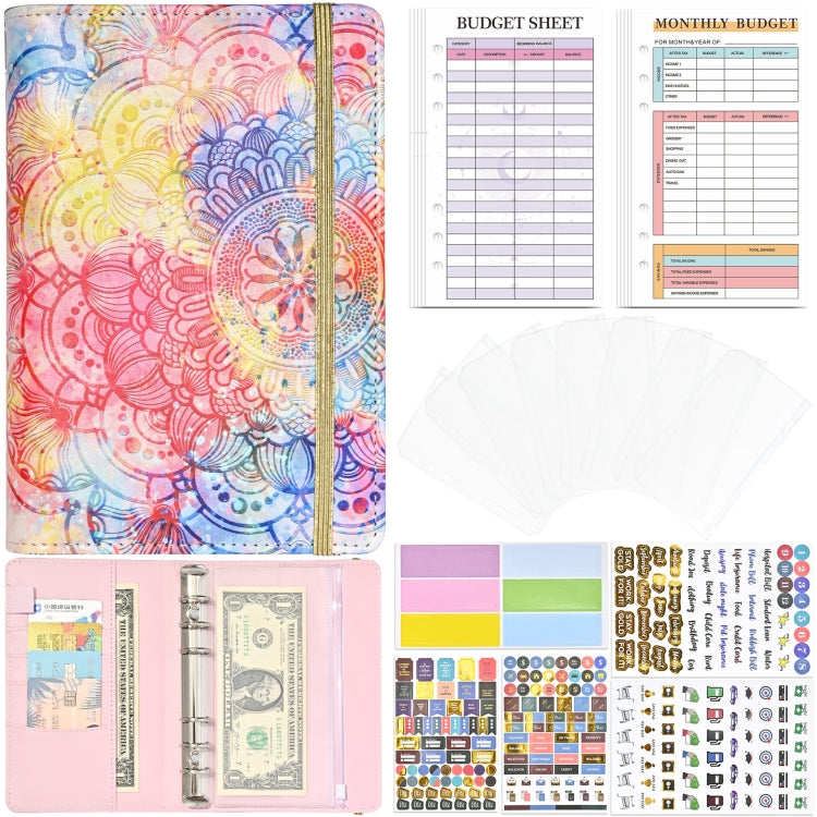A6 Mandala Binder Financial Plan Notebook PU Leather Cash Budget Book(Gorgeous Pink)