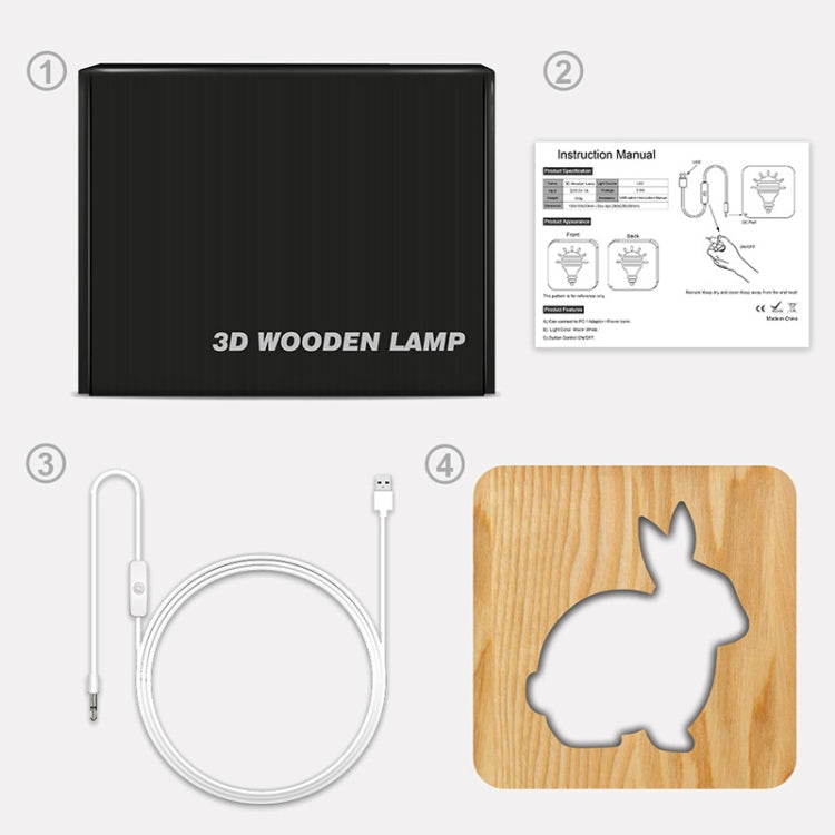 FS-T2104W  3D Wooden Carving Rabbit Table Lamp USB Night Light Crafts(Warm White)
