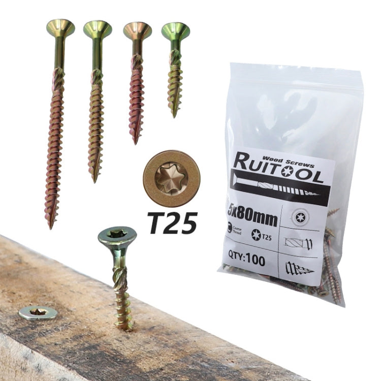 RUITOOL T25 100pcs Woodworking Screws Torx Self Tapping Screws 5 x 80mm