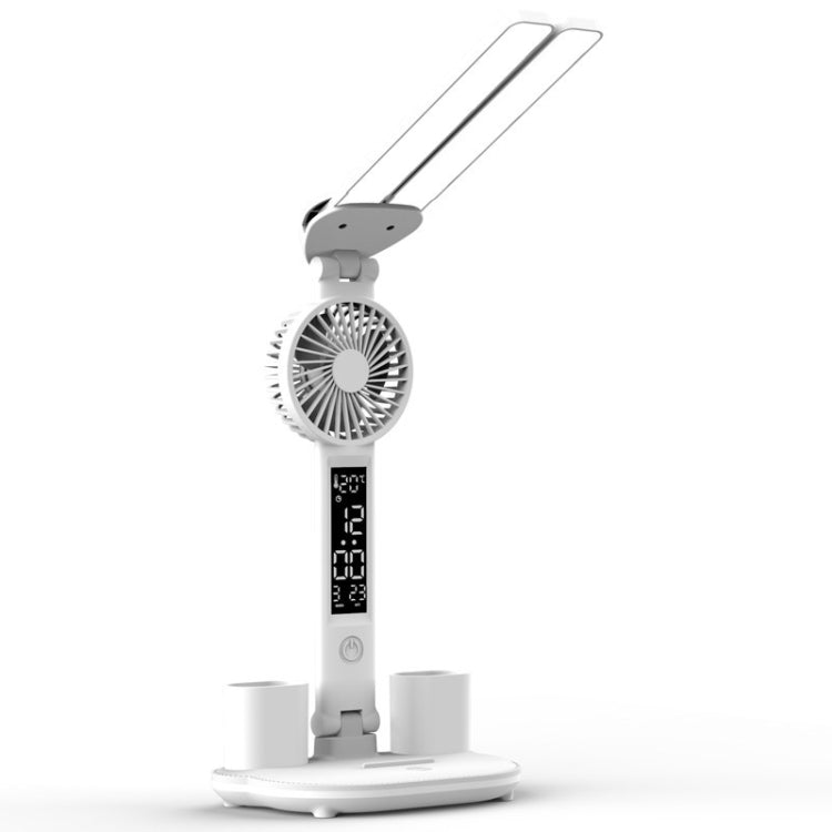 USB Plug Power Double Head Lighting LED Fan Desk Lamp with Pen Holder & Clock