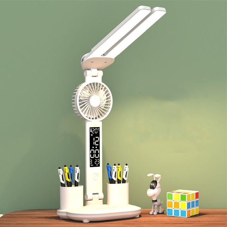 USB Plug Power Double Head Lighting LED Fan Desk Lamp with Pen Holder & Clock