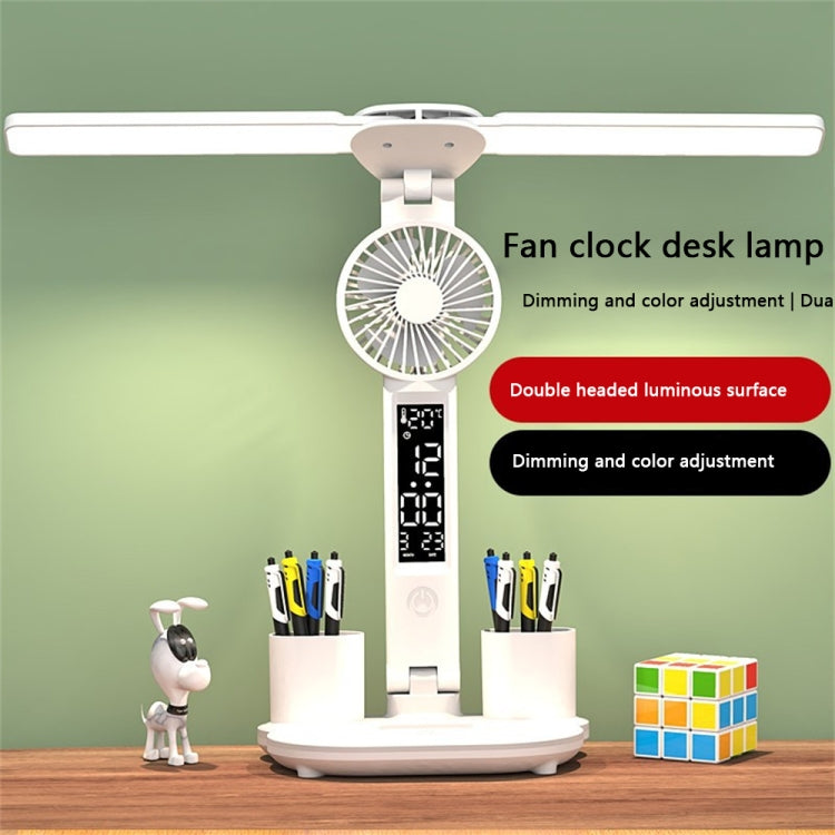 Rechargeable 2000mAh Double Head Lighting LED Fan Desk Lamp with Pen Holder & Clock