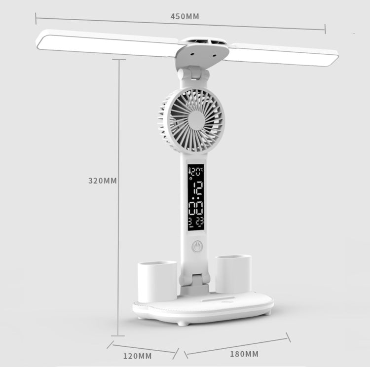 USB Plug Power Double Head Lighting LED Fan Desk Lamp with Pen Holder & Clock