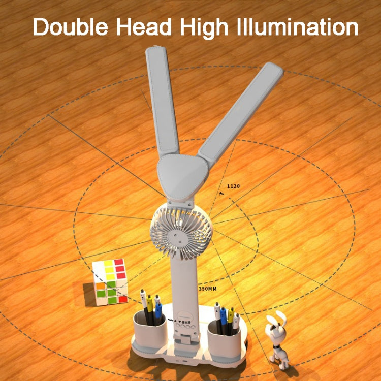 USB Plug Power Double Head Lighting LED Fan Desk Lamp with Pen Holder & Clock