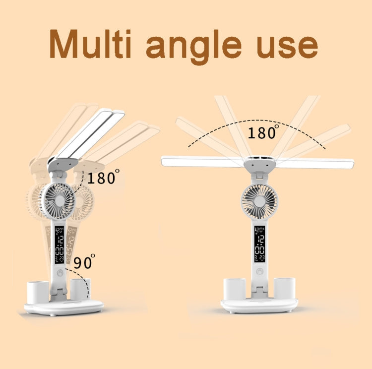 Rechargeable  3200mAh Double Head Lighting LED Fan Desk Lamp with Pen Holder & Clock