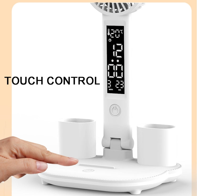 USB Plug Power Double Head Lighting LED Fan Desk Lamp with Pen Holder & Clock