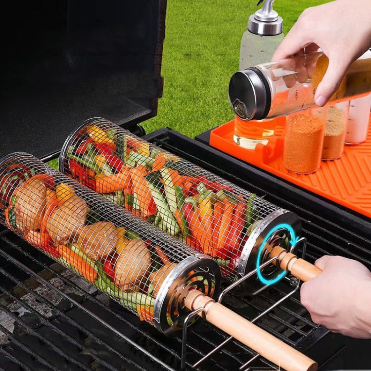 Upgrade Flip-top Lid BBQ Cage Stainless Steel Rolling Grilling Basket With Wooden Handle Large