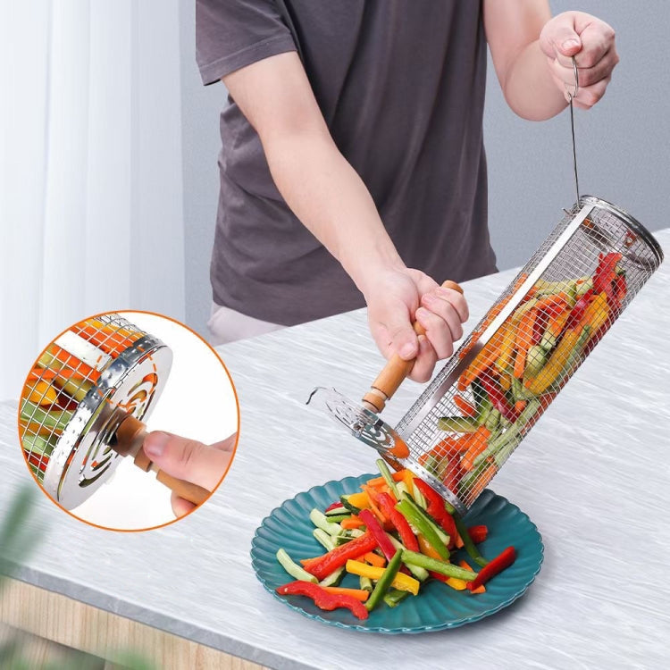 Upgrade Flip-top Lid BBQ Cage Stainless Steel Rolling Grilling Basket With Wooden Handle Large