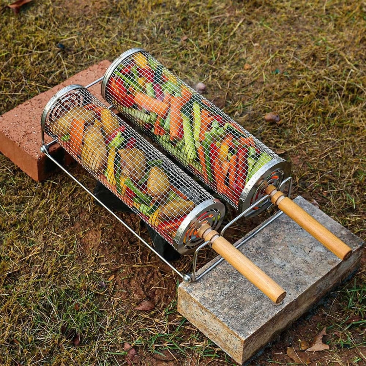 Upgrade Flip-top Lid BBQ Cage Stainless Steel Rolling Grilling Basket With Wooden Handle Large
