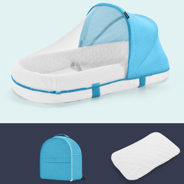 709 Portable Multifunctional Crib with Mosquito Net Folding Newborn Moveable Bed, Color: Blue White+Pillow