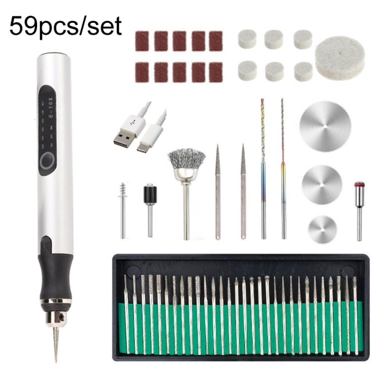 E108 59pcs/set Wireless Portable USB Rechargeable Mini Electric Drill Pen(Silver)
