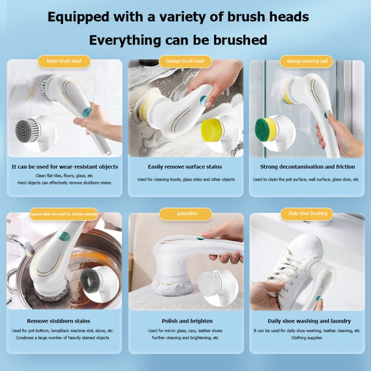 Multifunctional Electric Cleaning Brush Handheld Kitchen Dishwashing Brush with 5 Replacement Heads(White)