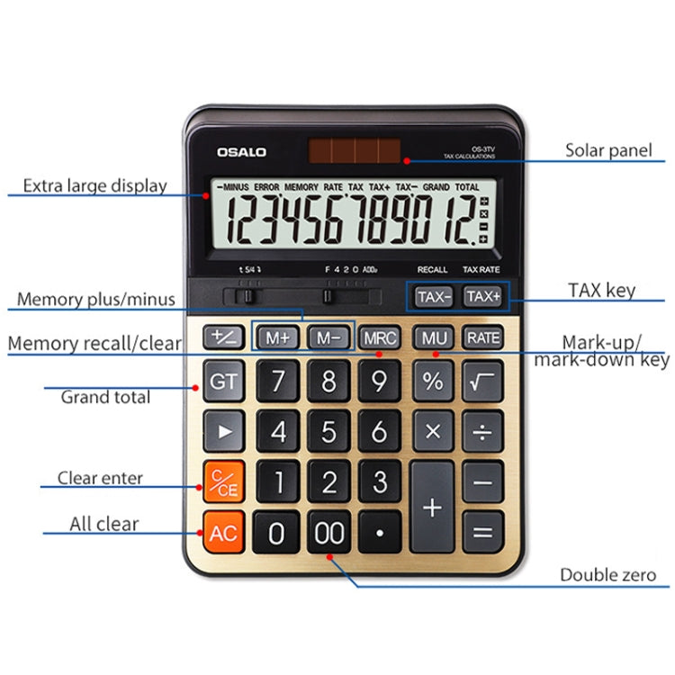 OSALO OS-3TV 12-digit LCD Screen Solar Dual Power Supply Desktop Calculator