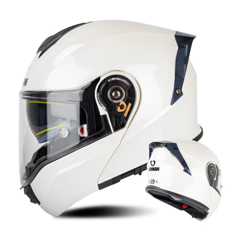 SOMAN Racing Motorcycle Double Lens Riding Safety Helmet, Size: M(Pearl White)