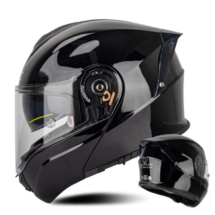 SOMAN Racing Motorcycle Double Lens Riding Safety Helmet, Size: L(Bright Black)