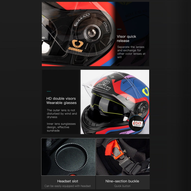 SOMAN Racing Motorcycle Double Lens Riding Safety Helmet, Size: L(Matt Black)