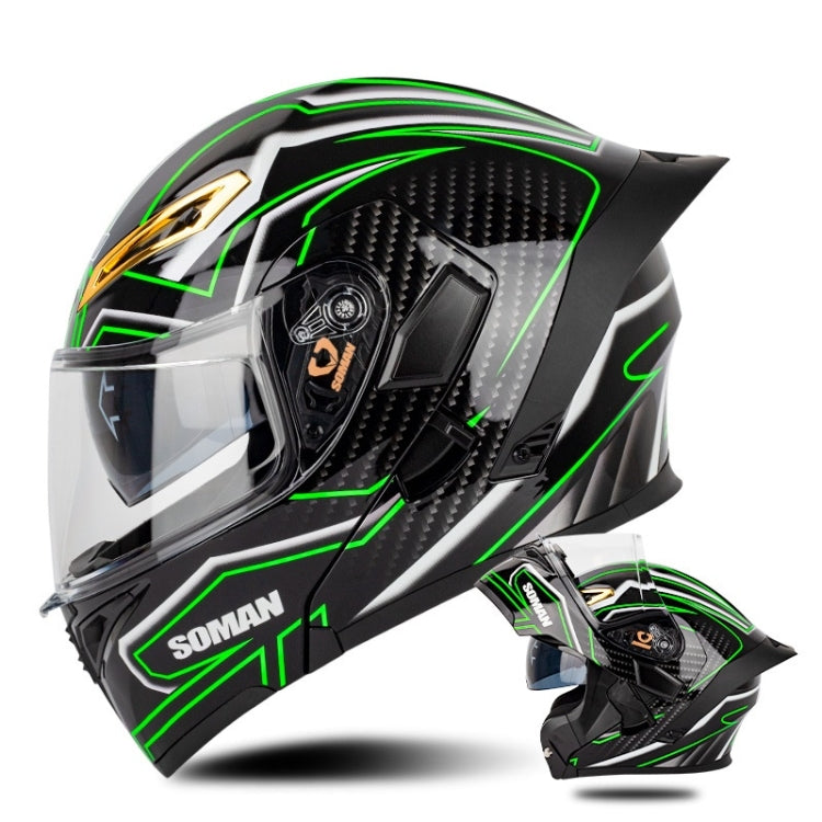 SOMAN Motorcycle Dual Lens Riding Peel-Off Full Coverage Helmet, Size: S(Bright Black Green)