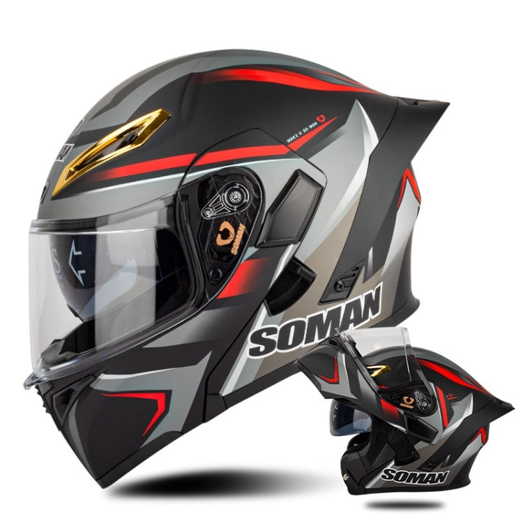 SOMAN Motorcycle Dual Lens Riding Peel-Off Full Coverage Helmet, Size: M(Red Gray Vision)
