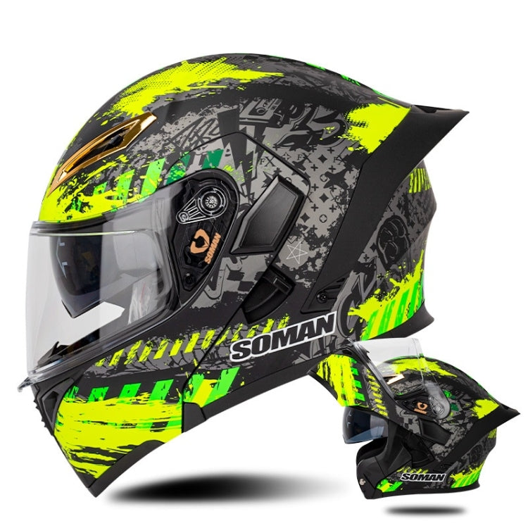 SOMAN Motorcycle Dual Lens Riding Peel-Off Full Coverage Helmet, Size: M(Black Fluorescent Yellow Spark)