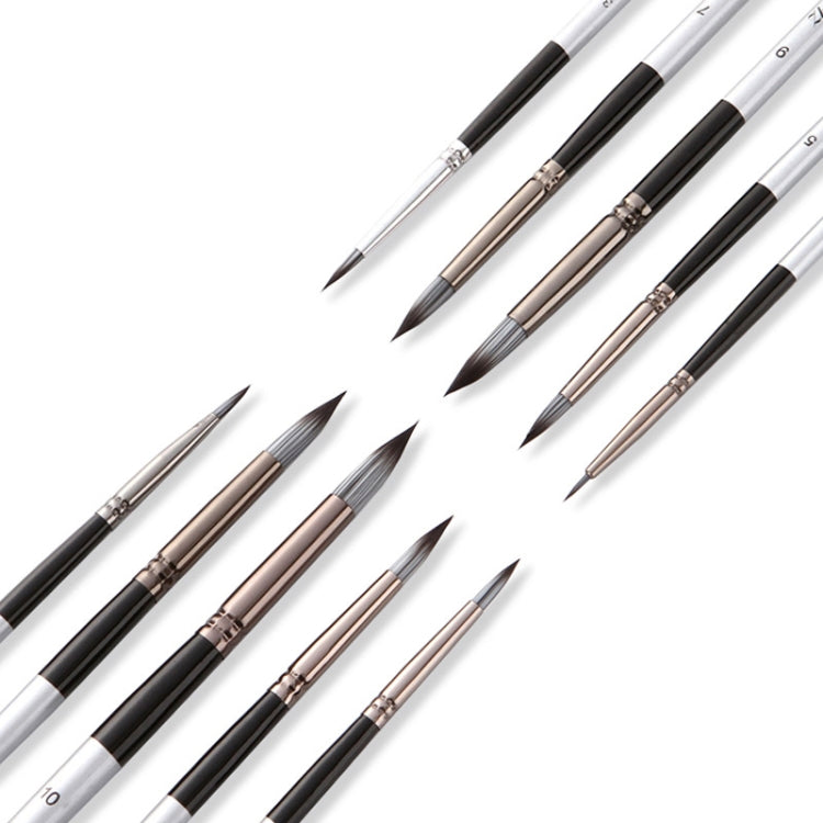 10 In 1 Nylon Hair Watercolor Paint Brush Set Wooden Handle Round Pointed Acrylic Painting Pens(Silver Black)