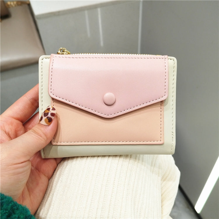 PU Leather Short Color Matching Folding Wallet Mini Portable Wallet(Light Pink)