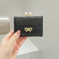 Ruched Textured Bow Pearl Clip Tri-Fold Short Wallet(Black)