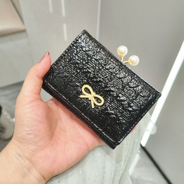 Ruched Textured Bow Pearl Clip Tri-Fold Short Wallet(Black)
