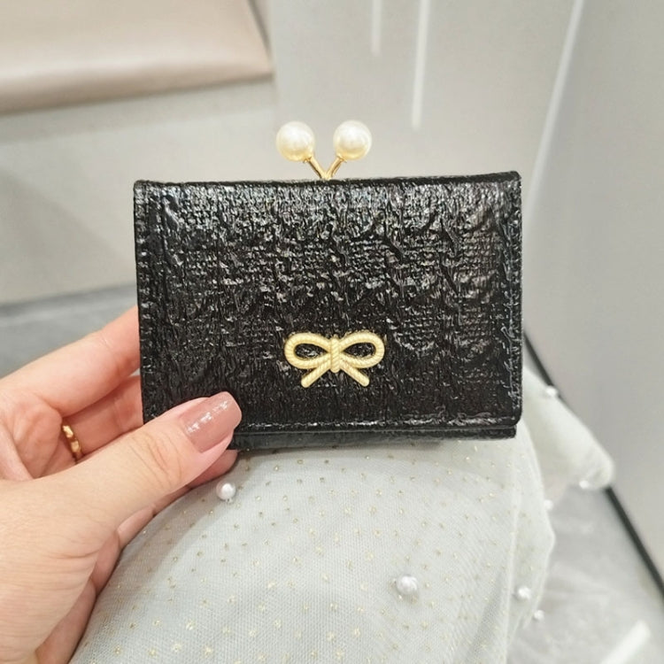 Ruched Textured Bow Pearl Clip Tri-Fold Short Wallet(Black)