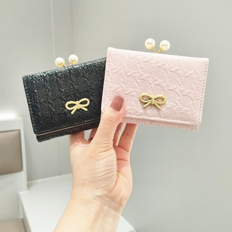 Ruched Textured Bow Pearl Clip Tri-Fold Short Wallet(Black)